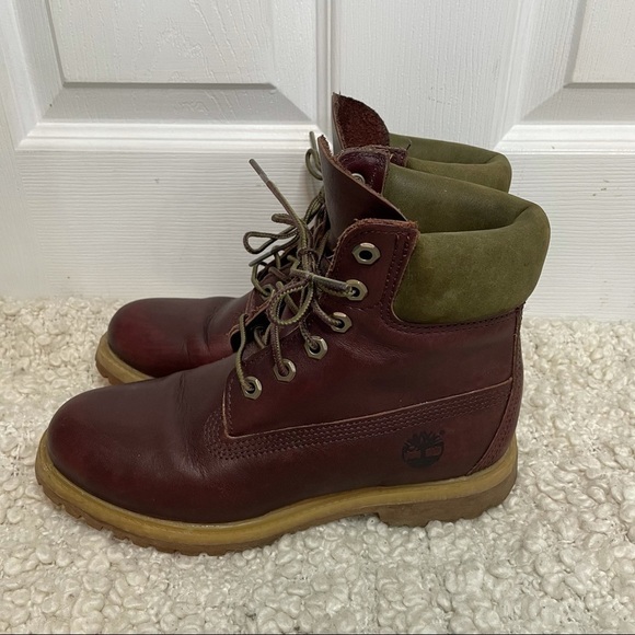 TIMBERLAND Burgundy & Green Leather Lace Up Boots 8.5 - Picture 5 of 10